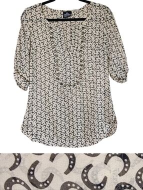 Angie Cream & Black Sheer Horseshoe 3/4 Sleeve Blouse with Brass Stud Detail